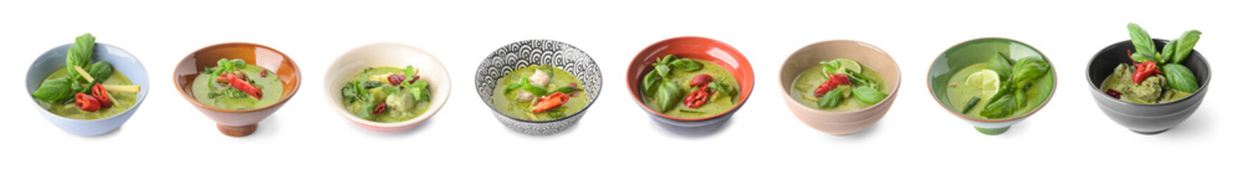 Collage of bowls with tasty green chicken curry on white background