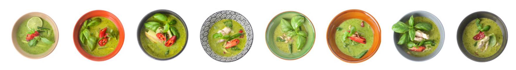 Collage of bowls with tasty green chicken curry on white background, top view