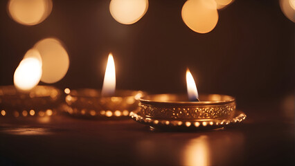 Close up of Diwali diya lamps lit during night.
