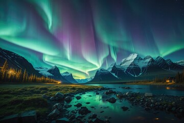 northern light landscape with mountains photo