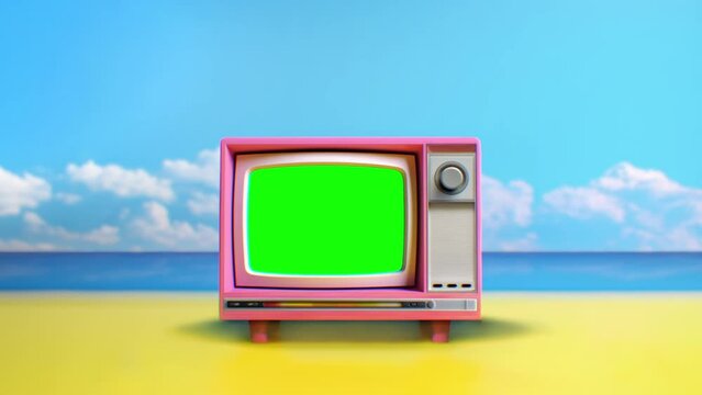 Retro 1990s tv, vintage television with a glitches, noise, interference, green screen on the beach.