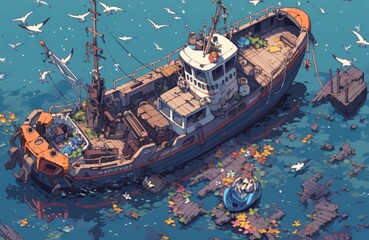 isometric 16-bit pixel graphics - shipwreck with oil spill