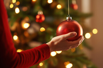 woman's hand putting ornament ball on christmas pine