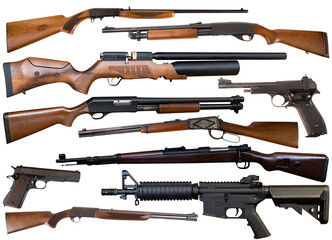 Many types of firearm cutouts isolated over white background.