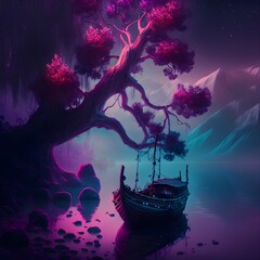 purple luminescent violin dark black branches RED trees fairy forest realistic real fantasy dark lands purple energy BLUE ground dark sky panoramic view many rivers small boat on water baby panda  - obrazy, fototapety, plakaty
