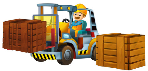 cartoon scene with worker in forklift operator isolated illustration for children