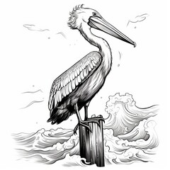 A pelican stands on a pylon in the water, waves crash against the pylon. Line drawing - obrazy, fototapety, plakaty