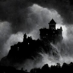 draculacastle on a cliff at night in a storm withlightning in the style of a 1900s horror film ghosts scary film grain super detailed dark fog in the style of alfred stieglitz gustave dore 4k 