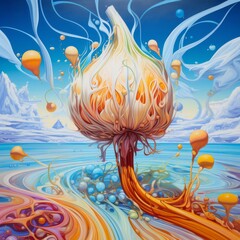 Obraz na płótnie Canvas Surreal painting of a mysterious giant garlic floating in the sky over the ocean