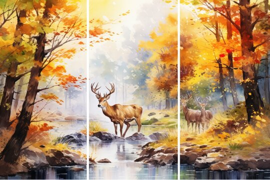 Set of three watercolor painting of birds deer and waterfall abstract autumn background