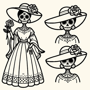 Mexican catrina vector illustration, mexican skull, rose