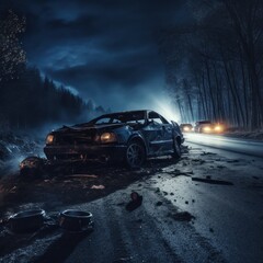 Fototapeta na wymiar dark road with abandoned vehicle high quality