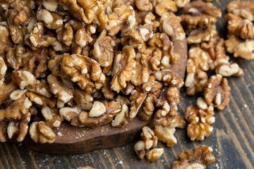 Walnut kernel on the kitchen table during cooking