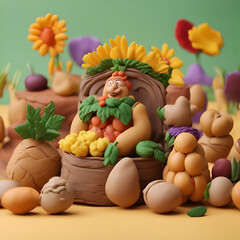 Fototapeta na wymiar Easter composition with eggs. vegetables and chicken on yellow background.