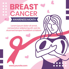 Breast cancer awareness Instagram post featuring a hand-drawn vector illustration of a woman holding a heart.