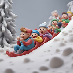 Obraz na płótnie Canvas Children sledding down a snowy hill. 3d render illustration.