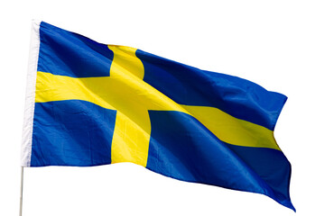 Flag of Sweden flutters in the wind. Isolated over white background