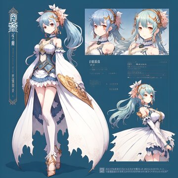 Masterpiece best quality extremely detailed CG unit reference sheet character design twodimensional 1Girl solo full body shiny eyes asymmetrical design doll joints pointy hair Braided bands lace 