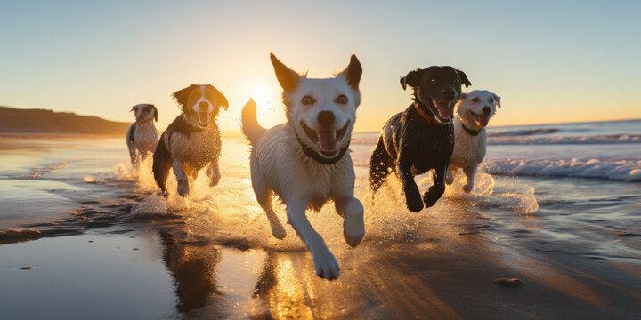 Dogs running on the beach — cinematic photography of dogs running in the shallow water, splashing, at sunrise / sunset