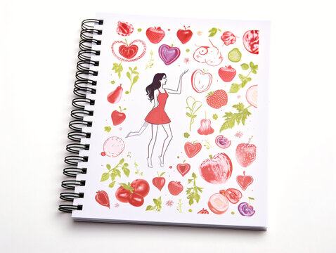 An image of a raw exercise book with a vintage style cover, seen from a side angle.