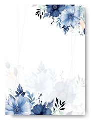 Hand painting of blue poppy flower arrangement on wedding invitation background.