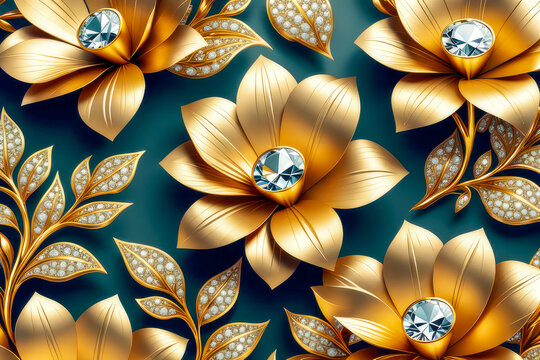 Gold flowers and diamonds on dark blue background. Generative ai