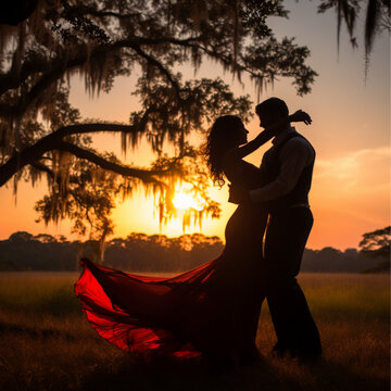 a beautiful georgia sunset in an open field with a live oak tree with spanish moss hanging from the limbs in the distance and silhouette of a couple dancing underneath