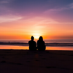 silhouette of a couple sitting on beach in the sand watching a beautiful sunset.