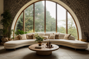 Contemporary country sitting room with large half round sofa and cushions with solid wood round coffee table against a large arched window set in natural brickwork tiled floor interior room design - obrazy, fototapety, plakaty
