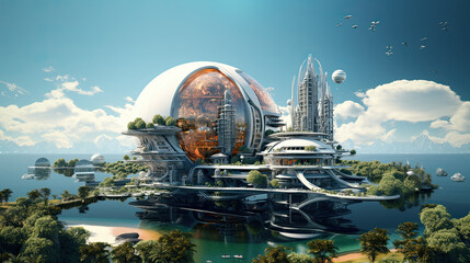 Sustainable Futuristic City Architecture Biotech Green Design Addressing Ecology Climate Change Overpopulation - obrazy, fototapety, plakaty