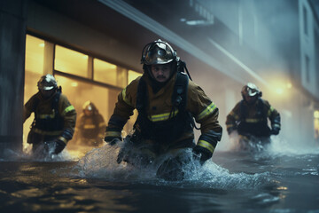 A group of firefighters rushing to save a life in a rescue mission.