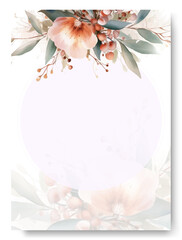 Invitation greeting card with peach chalendula floral background. Wedding invitation, save the date cards