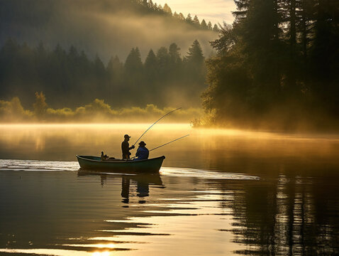A serene scene of fishing on a lake in a vintage 1952 style with untouched beauty.