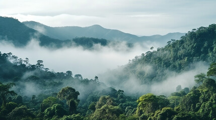 A misty and ethereal jungle landscape with fog and clouds enveloping the mountainous terrain.