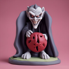 Statue of the devil with a red ball on a pink background