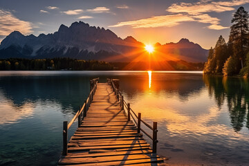 Impressive summer sunrise on lake with mountain range. Sunny outdoor scene