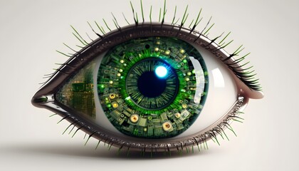 green human eye made out of technology data digital circuit board wires side view white background hyper realistic 16K photorealistic image futuristic styling daylight 
