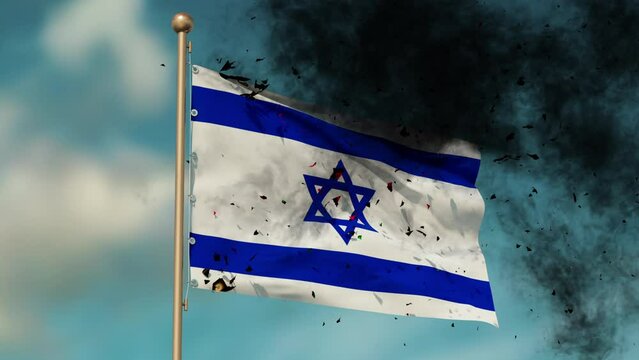 The flaming flag of Gaza Strip is reborn into an Israel flag. Flame with smoke and soot. Visualization an Iron Swords military operation of IDF.