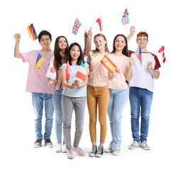 Young students of language school with flags on white background