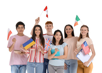 Young students of language school with flags on white background