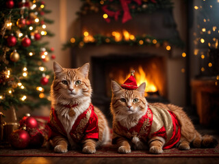 Dupla Fofura Natalina: Dois Gatinhos Vestidos de Papai Noel na Noite de Natal