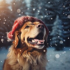 dog with red christmas hat and snow in high quality