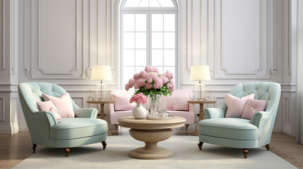 Fototapeta na wymiar Pastel interior in classic style with soft armchairs and lamps