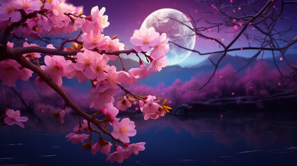 Romantic night scene - Beautiful pink flower blossom in night skies with full moon. sakura flower in night - obrazy, fototapety, plakaty