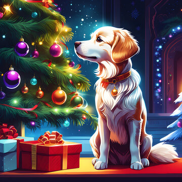 Linda arte digital natalina de pet ao lado de uma brilhante e enfeitada árvore de natal. Ilustração de cachorro fofo observando o espirito natalino no fim de ano gelado. Desenho de animal natalino.
