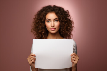 Curly-haired woman confidently holding a blank white card in front of a soft pink background