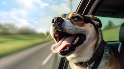 Happy Dog with Head Out of Car Window Enjoying the Ride and Fresh Air - Joy of a Road Trip with Pets