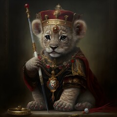 a princely portrait of a lion cub prince wearing a jeweled crown and a dark red ceremonial outfit holding a mini staff adorn with rubies in front of lion subjects bowing  - obrazy, fototapety, plakaty