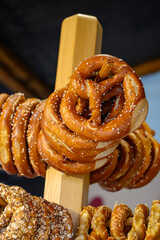 Salty German pretzels bread on beer festival in October, Bayern, Germany