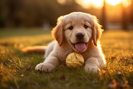 a puppy lying on grass with a ball in its mouth